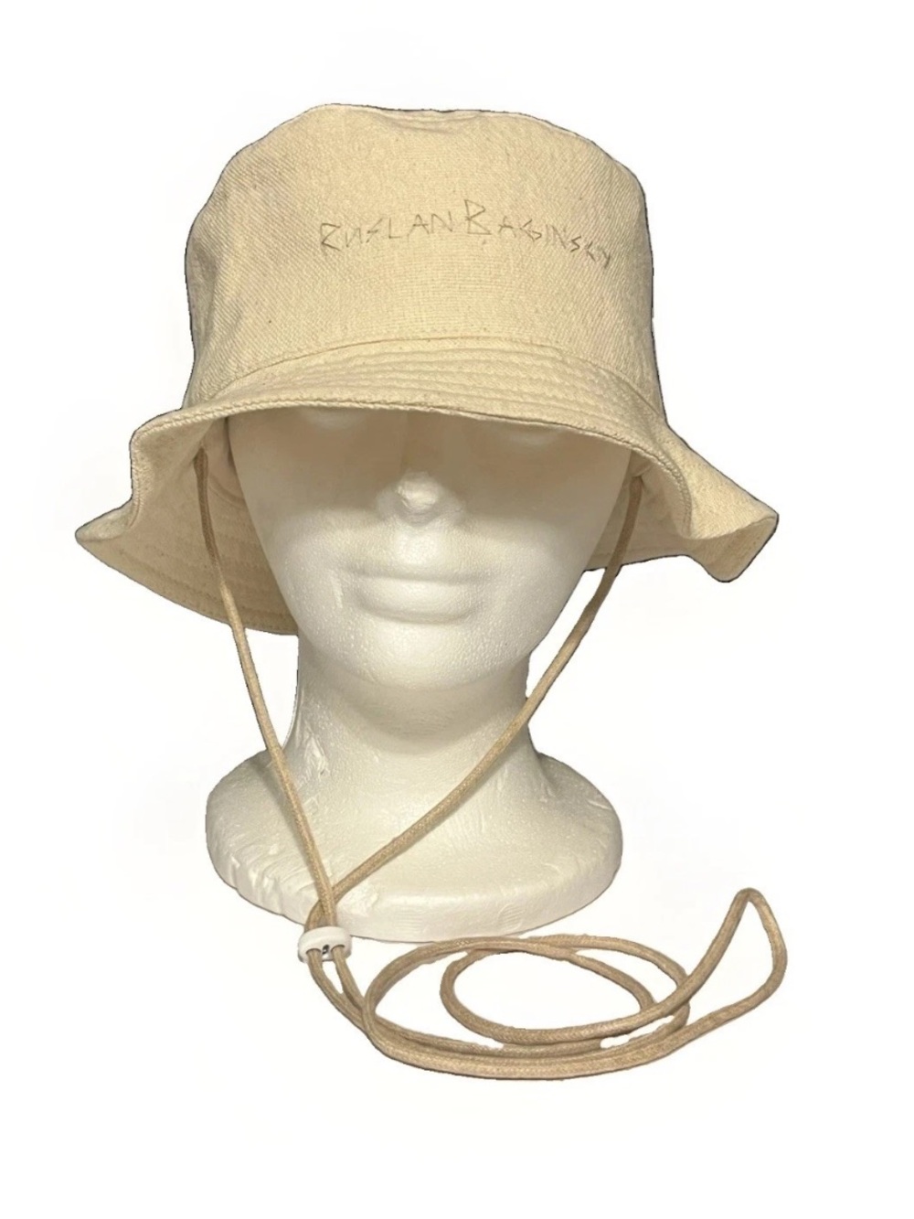 RUSLAN BAGINSKIY Embroidered Beige Cotton Bucket Hat Sz S Strap Toggle